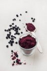 Closeup view of black currant fruit powder in a glass and on a spoon — Stock Photo