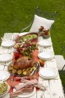 Blick auf den gedeckten Tisch im Freien mit Hühnchen, Blumen, Obst und Salat — Stockfoto