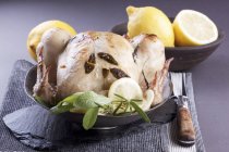 Roast chicken with sage and lemons — Stock Photo