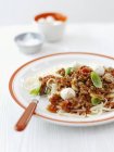 Pasta with minced meat sauce — Stock Photo