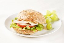 Closeup view of turkey sandwich on a sesame seed bun with green grapes — Stock Photo