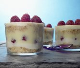 Closeup view of trifles with raspberries in glasses — Stock Photo
