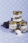 Closeup view of Lavender sugar with flowers in jars — Stock Photo