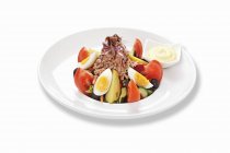 Nizza salad with egg and tuna on white plate — Stock Photo