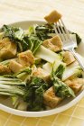 Tofu e Bok Choy Salada em placa branca com garfo — Fotografia de Stock