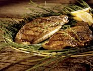 Closeup view of grilled Trout on sea grass with lemon wedges — Stock Photo
