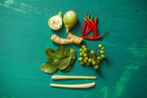 Vista dall'alto degli ingredienti per la minestra Tom Ka Gai sulla superficie verde — Foto stock