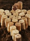 Closeup view of wine corks in a shape of grapes bunch on soil — Stock Photo