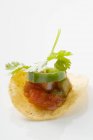 Salsa em tortilla chip no fundo branco — Fotografia de Stock