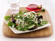Closeup view of mixed leaf salad with crab meat — Stock Photo