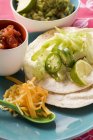 Closeup view of wrap ingredients with Salsa and Guacamole — Stock Photo