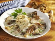 Morels and ceps in cream sauce with bread dumpling — Stock Photo