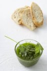 Vista de primer plano de la salsa Mojo verde en el lavabo de vidrio con rebanadas de pan blanco - foto de stock