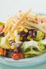 Mexikanischer Salat mit Tortilla-Streifen auf blauem Teller — Stockfoto