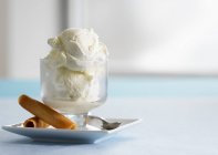 Ванильное мороженое с вафельными рулетиками — стоковое фото