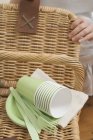 Cropped view of woman with picnic basket and picnicware — Stock Photo