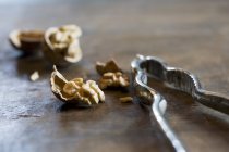 Cracked walnuts and a nutcracker — Stock Photo