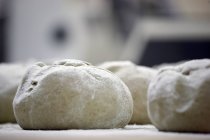 Closeup view of dough balls in flour — Stock Photo