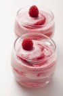 Closeup view of fruit cream with raspberries in a glasses — Stock Photo