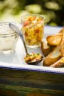 Vista closeup de concha e jarra de pêssego Salsa com fatias de pão torrado em uma bandeja — Fotografia de Stock