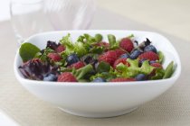 Vue rapprochée de la salade biologique de légumes verts, framboises et bleuets mélangés — Photo de stock
