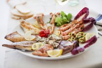 Um prato de alimentos grelhados, incluindo frutos do mar, peixe e legumes — Fotografia de Stock