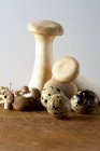 Cogumelos frescos e ovos de codorna — Fotografia de Stock