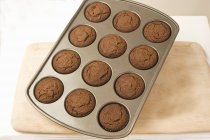 Chocolate muffins in muffin tray — Stock Photo