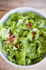 Листя салату з огірком, помідорами та вінегретом у мисці — стокове фото