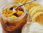 Apricot compote with yogurt and pancakes — Stock Photo