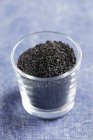 Vue rapprochée des graines noires de Nigella sativa dans un verre — Photo de stock