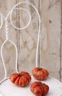 Pomodori cimelio sulla sedia bianca — Foto stock