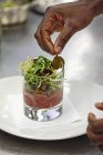 Beef tartar with lettuce — Stock Photo