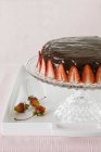 Vue rapprochée du gâteau au chocolat avec des fraises sur le stand de gâteau — Photo de stock