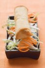 Spring roll on raw vegetables over yellow surface — Stock Photo