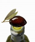 Oliva encima de la botella de aceite de oliva - foto de stock