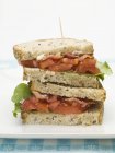 Sanduíche de bacon, alface e tomate, cortado pela metade e empilhado em prato branco — Fotografia de Stock