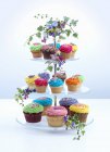 Stand de bolo com lotes de cupcakes — Fotografia de Stock