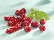 Redcurrants with raspberries and leaf — Stock Photo