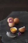 Elevated view of whole and cracked eggs with a feather and flowers on a black stone — Stock Photo