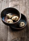 Quail eggs in ceramic pots — Stock Photo