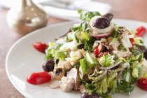 Нарезанный салат с курицей, оливками и помидорами на белой тарелке — стоковое фото
