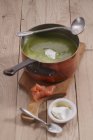 Spinach curry soup with smoked salmon — Stock Photo