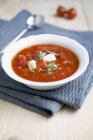 Tomatensuppe mit Mozzarella und Basilikum — Stockfoto