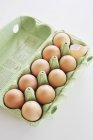 Fresh brown eggs in egg box — Stock Photo