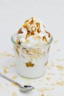 Closeup view of frozen yogurt with slivered almonds and caramel sauce — Stock Photo