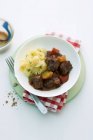 Goulash meat with tagliatelle pasta — Stock Photo
