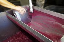 Обрезанный вид руки лома красное вино должно быть в раковине — стоковое фото