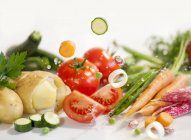 Ingredientes para la sopa de verduras puesta en la superficie blanca - foto de stock