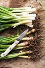 Fresh spring onions, some cleaned on wooden surface with knife — Stock Photo